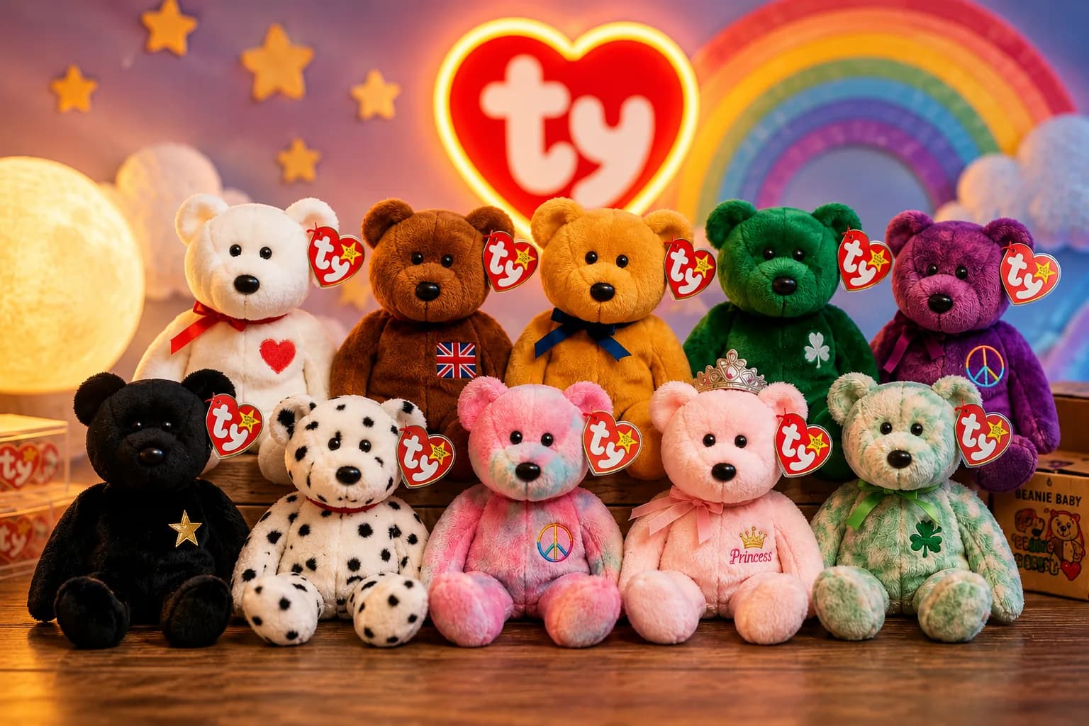 A lineup of classic Ty Beanie Babies — Princess, Peace, the Original 9-era bears, and more — beneath the Ty heart logo and a rainbow